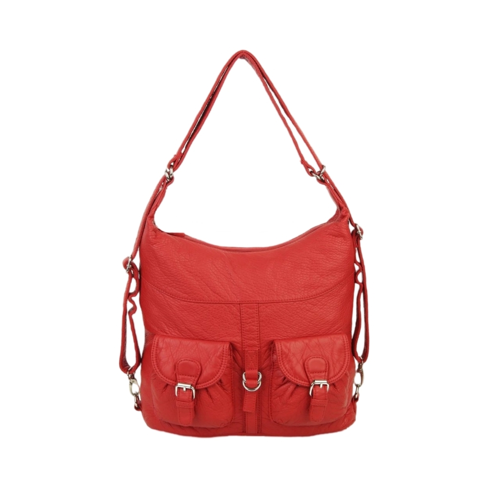 Women red convertible backpack crossbody vegan leather
